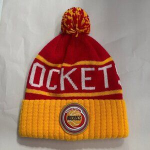 Mitchell & Ness Houston Rockets Winter Beanie Hat Red/Yellow Pom Pom Mens